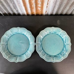 Pioneer Woman Set of 2 Decorative Plates Wall Hangers Attached Denim Blue *READ*